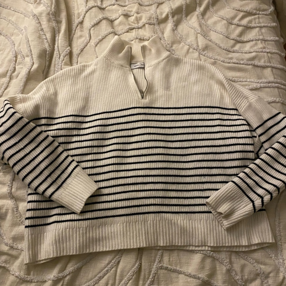 Mango Cream and Black Striped V-Neck Sweater